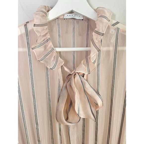 Sandro Cuba To Paris Maki Sheer Overlay Striped Silk Midi Dress Blush Women's 38 - Picture 4 of 13